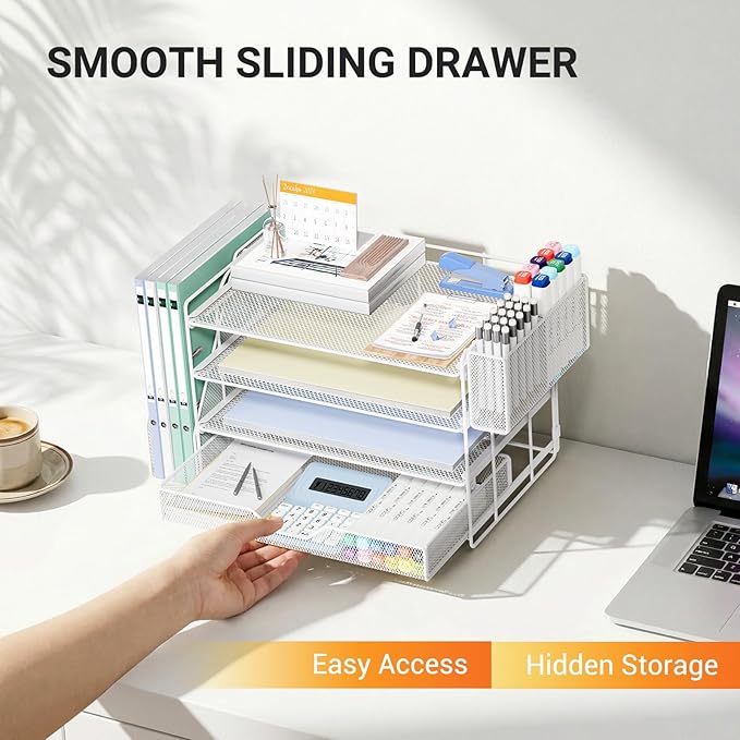 OPNICE 4-Tier Desk Organizer and Accessories, Desktop File Organizer with Drawer, Pen Holder and File Holder, Paper Letter Tray Organizer, Office Desk Accessories for Home Office Supplies, White