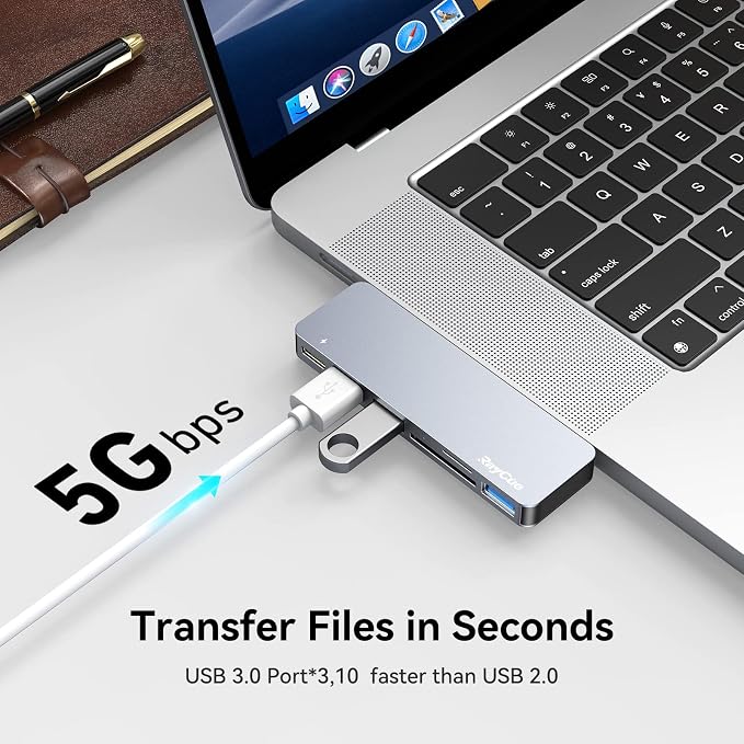 RayCue USB C Hub Adapters for MacBook Pro/MacBook Air M1 M2 M3 2023 2022 2021 2020 2019 13" 14" 15" 16", 6-in-2 Multiport MacBook Adapter with Thunderbolt 3, 3 USB 3.0 Ports, SD/TF Card Reader