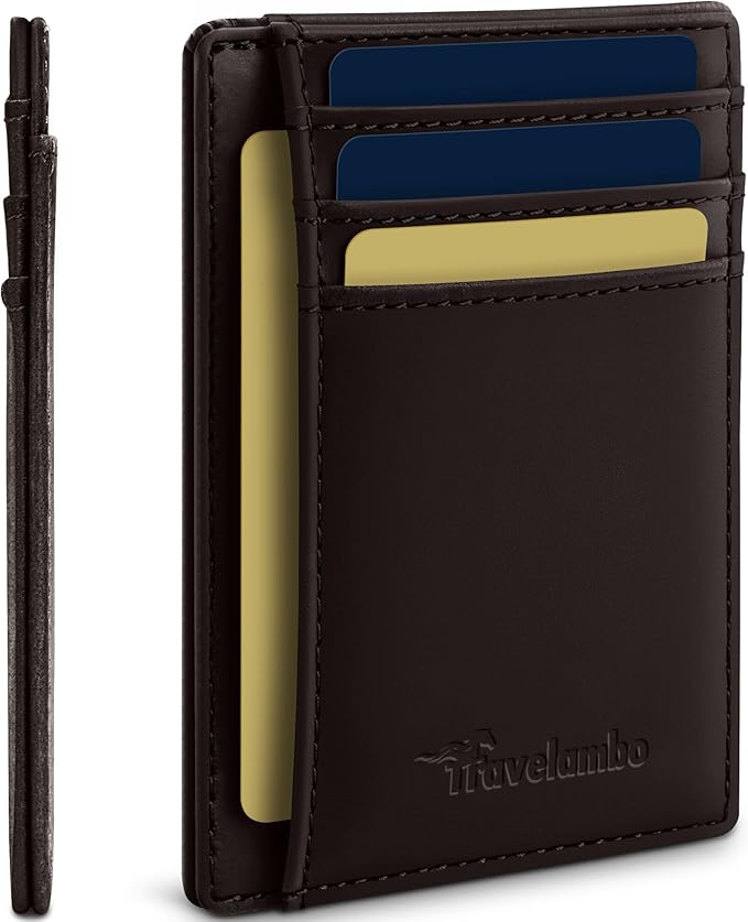 Travelambo 100% Genuine Leather Wallet for Men and Women, Slim Minimalist RFID Blocking Front Pocket Credit Card Holder with Gift Box