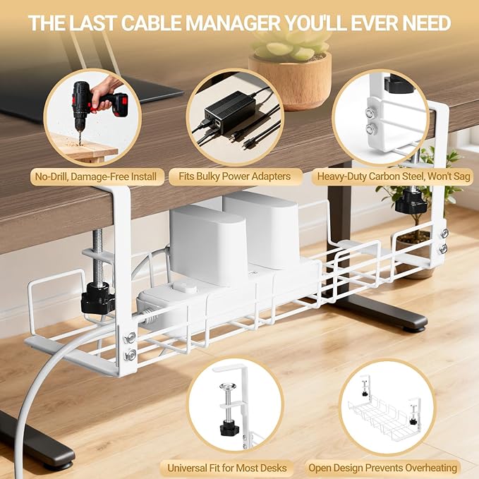 Under Desk Cable Management Tray, 15.7'' Metal Wire Organizer with Clamp, No Drill Desk Cord Rack for Cable Management, Computer Wire Organizer for Office and Home, Sturdy & Scratch-Free
