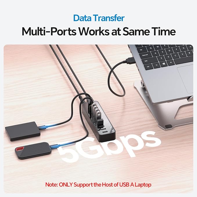 60W Powered USB 3.0 Hub 10-Port, 7 USB 3.0 Data Ports (5Gbps) + 3 Smart Charging Ports (BC1.2 2.4A), 60W Power Adapter Desktop USB Splitter for Laptop, PC, Mac, Mobile, HDD
