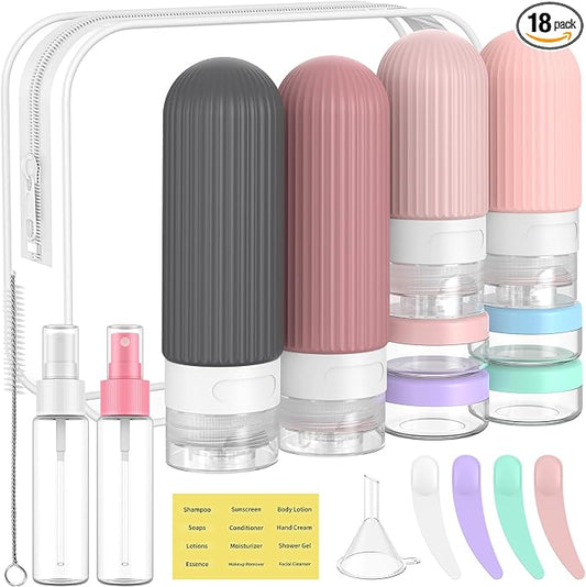 ME.FAN Travel Bottles for Toiletries,18 Pack Silicone Portable Size Bottle, TSA Approved Refillable Cosmetic Container Kits for Conditioner, Shampoo, Lotion,Face Cream - Pink