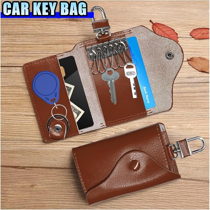 Leather Car Key Case Holder, Remote Key Fob Case with Keychain & Snap Closure – Universal Smart Keys Pouch for Men Women, Coin Holder Protection Bag with Metal Hook (Brown)