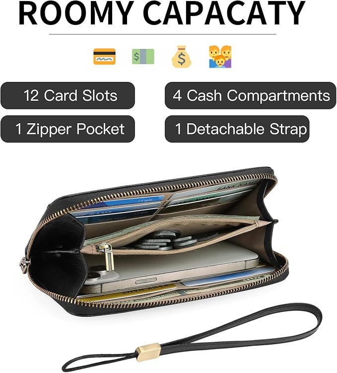 GOIACII Wallet for Women Ladies Wristlet Long Purse Zip Around Clutch RFID Blocking Vegan Leather