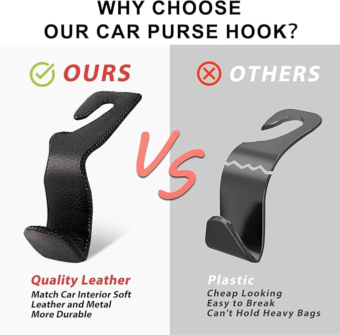 Car Headrest Hooks, 2 Pack Leather Car Purse Holder, Car Back Seat Organizer for Purse Coats Umbrellas Groceries