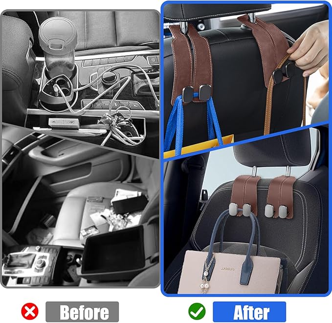 TwinHook Leather Car Headrest Hangers, Car Headrest Hooks for Purse and Bags, 2-in-1 Leather Car Seat Back Storage Hook, Anti-Slip Purse Holder for Car, Supports Up to 50 lbs (Brown-2 Pack)