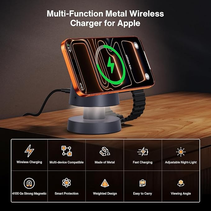 iVANKY Qi2 Certified 3 in 1 Mag-Safe Charger Stand, 15W Fast Magnetic Wireless Charging Station with Night Light for iPhone 17e 17 16 15 14 13 Pro Max, Apple Watch, AirPods 4/3/2/Pro(No AC Adapter)