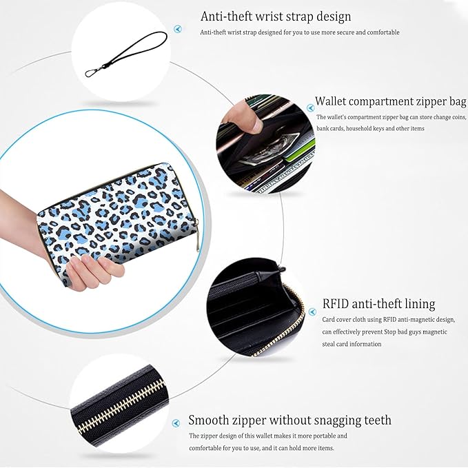 Bxgolkgd Womens Wallet, RFID Blocking Leather Wallet,Large Capacity Wallet Credit Card Holder PU Leather Ladies Clutch with Zipper Coin Pocket - Blue Leopard Print
