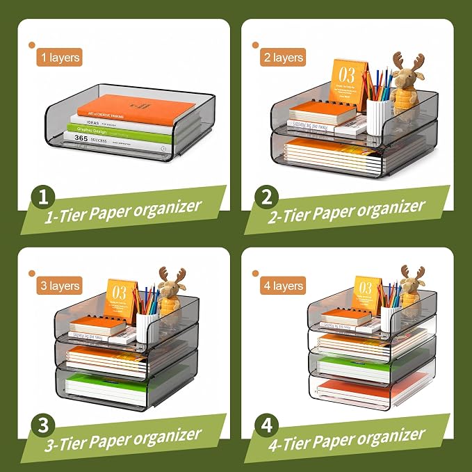 FANXIYQ 4-Tier Acrylic Paper Tray Organizer, Clear & Brown Stackable Desk Organizer for Documents, Files, A4 Paper, Mail, Books & Office Supplies, Office Classroom Home