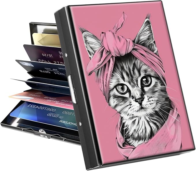 Metal Wallet, Credit Card Holder for Women Men Girls, RFID Blocking Aluminum Wallet Slim Hard Case, Mini Travel Wallet, ID Card Holder Business Card Case,Cat Pink