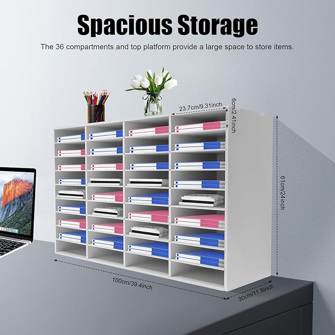 Literature Organizer 36 Slots, Compartments Mail Sorter Organizer, Adjustable Desktop File Organizer with Removable Shelves, Paper Organizer for Home Office School (White, 36 Slots)
