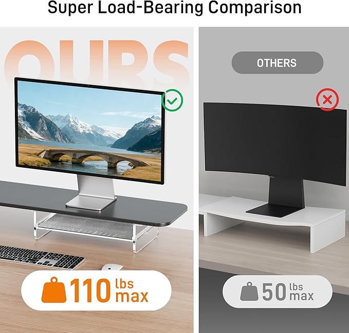 AFOOYO Large Dual Monitor Stand For Desk,43 Inch Desktop Computer Riser with Felt Drawer Acrylic Legs Desk Shelf Organizer For Computer/Laptop/PC/Printer/TV