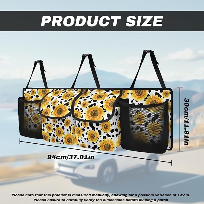 Sunflower Cow Car Trunk Organizer Backseat Cargo Storage Bag with Elastic Net Collapsible Pouch SUV, Truck, MPV Car Accessories