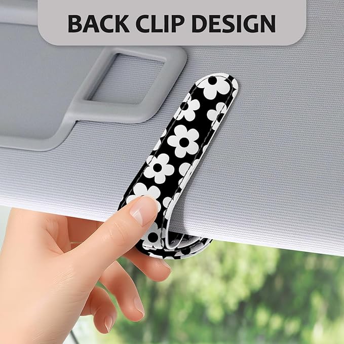 2 Pack Magnetic Leather Sunglass Holder, Universal Magnetic Car Eyeglass Hanger Clip for Different Size Eyeglasses, Car Visor Accessories (Black White Floral)