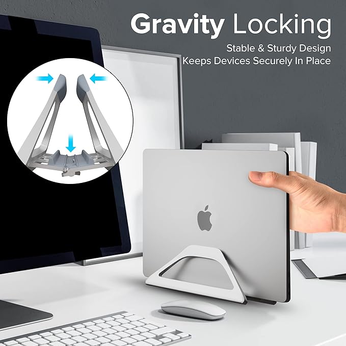 Elestoria Aluminum Vertical Laptop Stand with Gravity Auto-Lock ??Adjustable Laptop Holder Vertical fits MacBook Pro/Air, Chromebook & Gaming Laptops up to 17.3" ??Space-Saving Desktop Dock - Silver