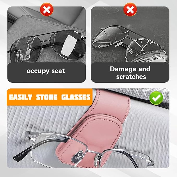 Sunglasses Holder for Car Visor, Microfiber Leather Magnetic Sun Visor Eyeglasses Hanger & Ticket Card Clip, Multi-Function Automotive Interior Glasses Mount, Universal Fit (Pink)