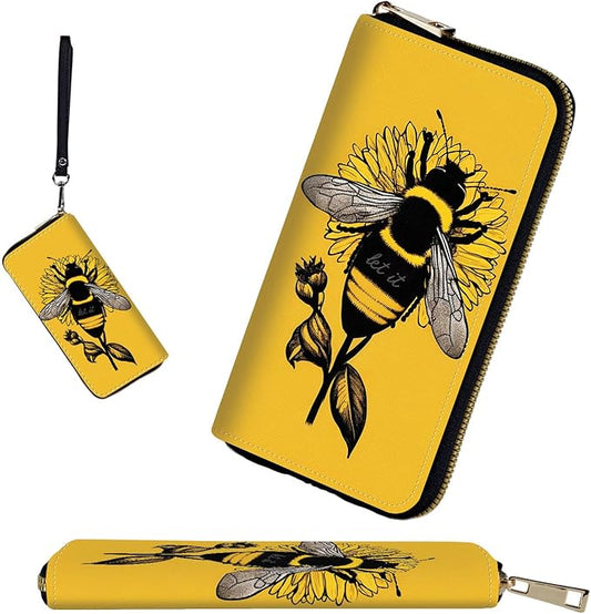 RFID-Blocking Zip Around Wallets for Women with Detachable Wrist Strap,Large Capacity Phone Holder with Card Organizer & Coin Pocket,Honeybee Flower