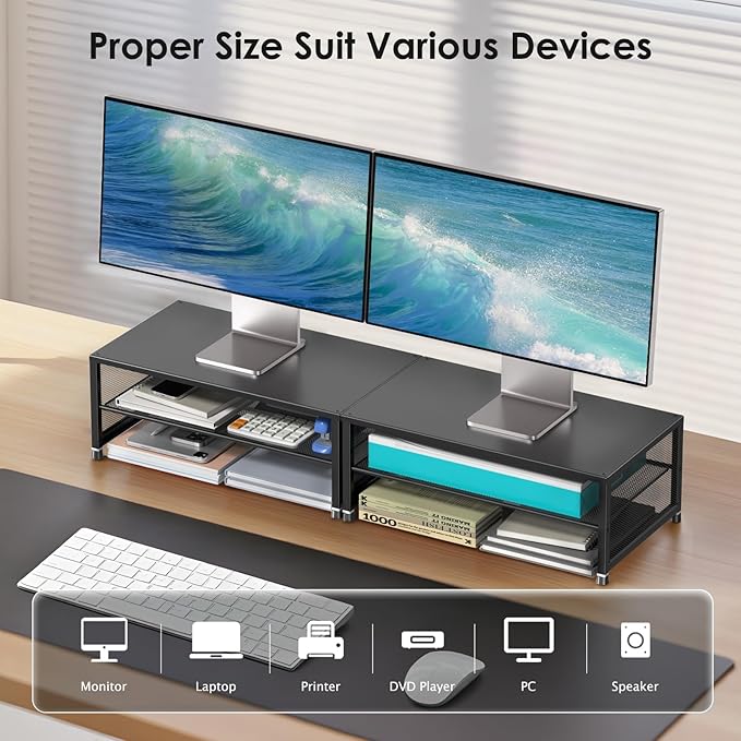 ECOLOVI 2-Tier Computer Monitor Stand Riser, Desk Organizer for Monitor, Printer & Laptop Stand, Desktop Workspace Organizers for Office Supplies(Black)