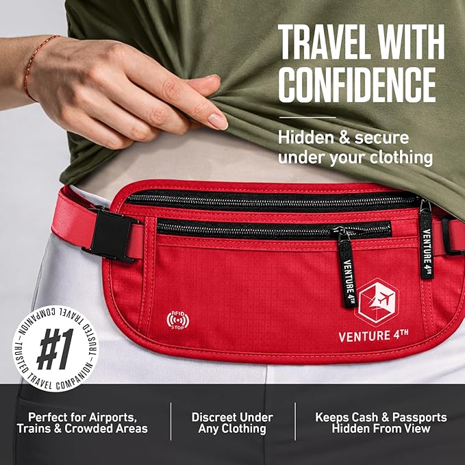 VENTURE 4TH Money Belt for Travel – Hidden Under-Clothes RFID Blocking Passport Holder & Slim Travel Wallet Pouch for Men & Women to Protect Cash, Cards & Documents (Red)