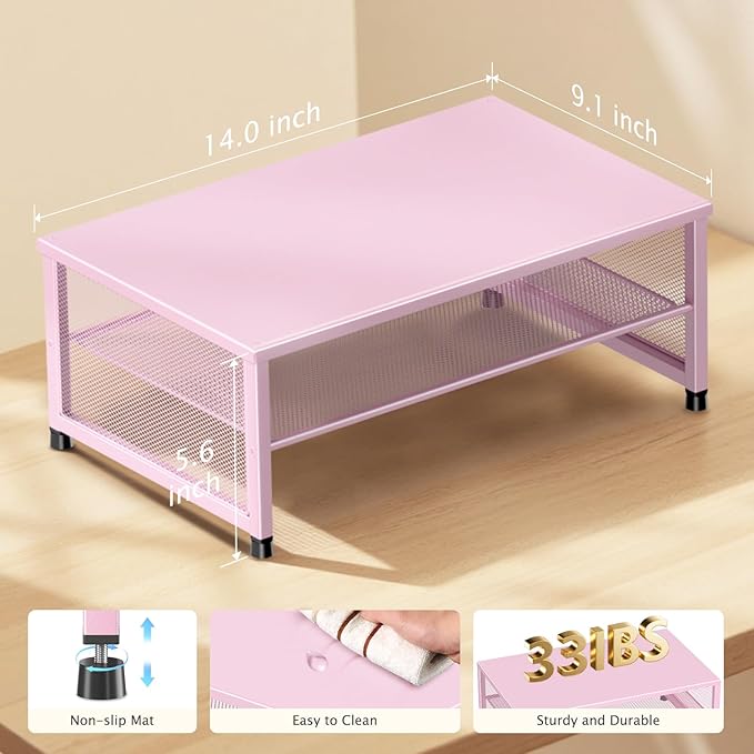 ECOLOVI 2-Tier Computer Monitor Stand Riser, Desk Organizer for Monitor, Printer & Laptop Stand, Desktop Workspace Organizers for Office Supplies(Pink)