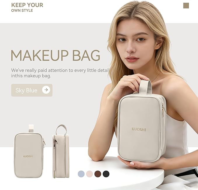 Travel Makeup Bag for Women, Large Capacity Waterproof Cosmetic Organizer with Divider & Handle, Portable Open Flat Toiletry Pouch for Travel Accessories (White)