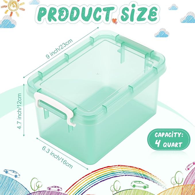 Wenqik 6 Pack Colorful Plastic Storage Bins with Lids 4 Quart Small Storage Latch Box Stackable and Nestable Clear Organizer Bins with Latching Handle and Buckle for Organizing (Mondrian)