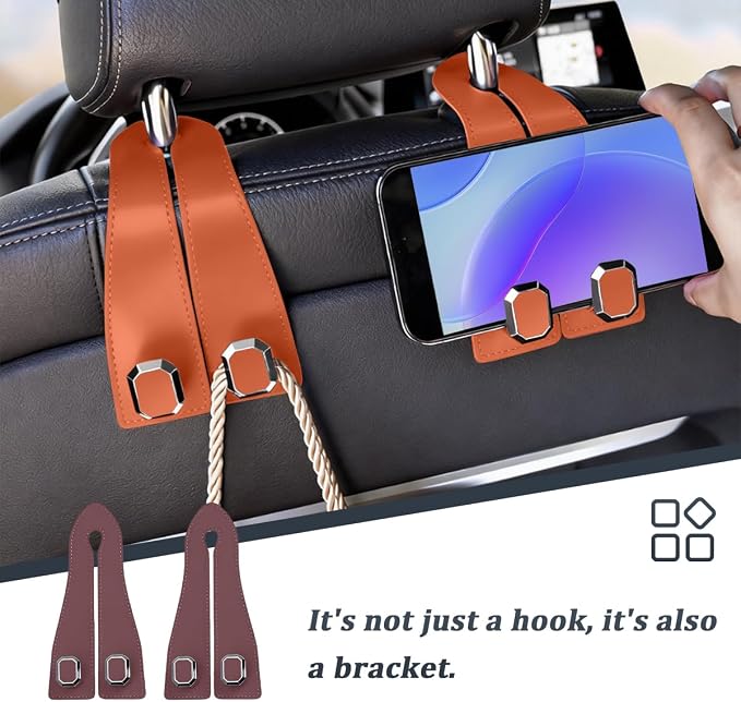 2PCS Car Headrest Hooks, Nappa Leather Metal Vehicle Double Seat Back Storage Hook for Purse Bag Coat, Multifunctional Automotive Interior Hanging Hanger, Universal Fit (Brown)