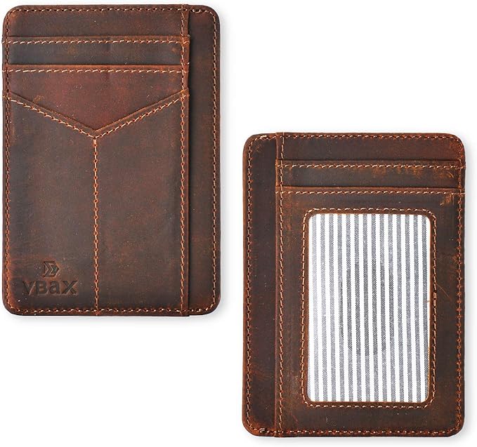 RFID Slim Wallet for Men Women, 8 Card Slot Leather Minimalist Front Pocket Credit Card Holders, Vintage Leather
