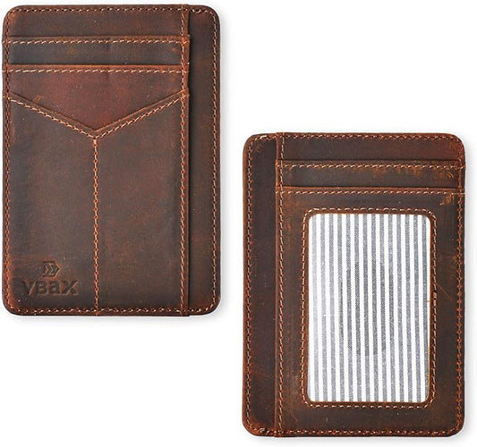 RFID Slim Wallet for Men Women, 8 Card Slot Leather Minimalist Front Pocket Credit Card Holders, Vintage Leather