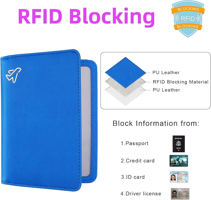 WALNEW AirTag Passport Holder, PU Leather Airtag Wallet RFID Blocking Passport Cover Travel Essentials Case for Women Men (Blue)