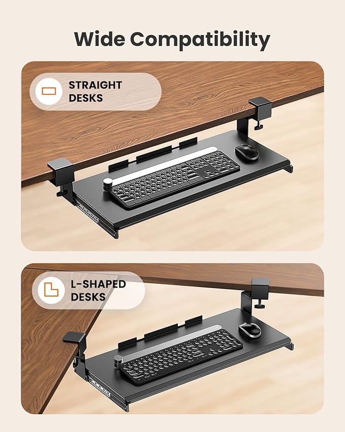 Ergear ErGear Keyboard Tray Under Desk, Corner Keyboard Tray with 45° Adjustable C Clamp for L Shaped Desk, Computer Keyboard & Mouse Tray Smooth Slide Out for Typing, 26.38'' W x 11.61'' D, Black