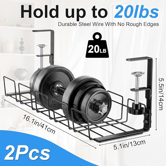 2 PCS Under Desk Cable Management Tray, L 15.7'' W 5.1'' No Drill Steel Desk Cable Organizers, Wire Management Tray