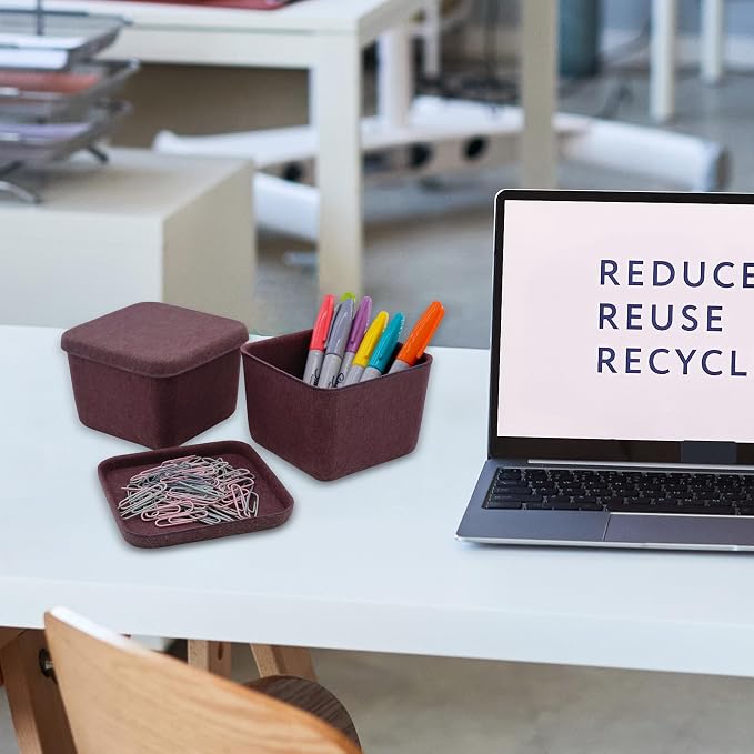 Welaxy 2-piece cubic lidded felt drawer organizer bin desktop stackable storage container with lid decluttering home office for jewelry watch clips binder office supplies (Wild Berry)
