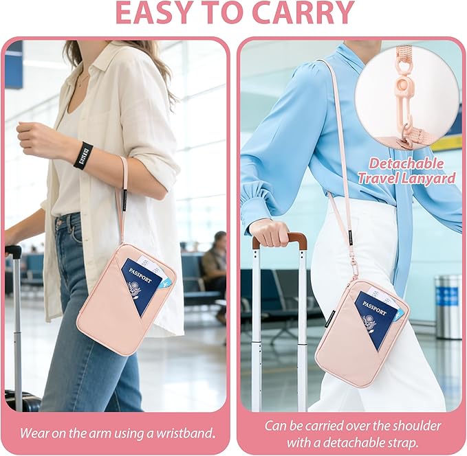 Veki Passport Holder for Travel Women Family, Passport Wallet Bag, RFID Travel Document Organizer, Waterproof Passport Holder for Men, Portable Case for Cards, Cash, Tickets, ID (Pink, M)