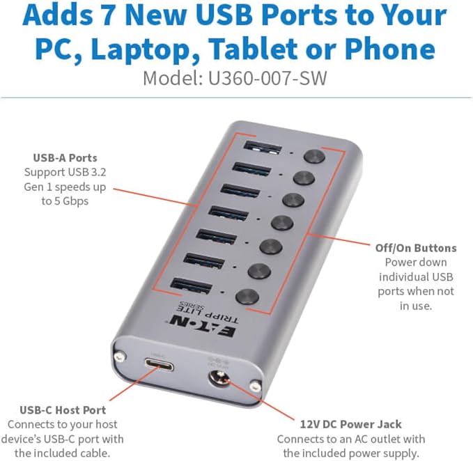 Eaton Tripp Lite Series USB C Hub 3.2 Gen 1 with 7 USB-A Ports and Individual On/Off Switch, 5 Gbps Data Transfer, Plug-and-Play, USBC Laptop Docking Station, 3-Year Warranty (U360-007-SW)