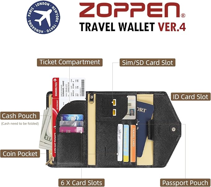 ZOPPEN Mulit-purpose Rfid Blocking Passport Holder Travel Wallet (Ver.4) Passport and Vaccine Card Holder ComboTri-fold Document Organizer Travel Essentials
