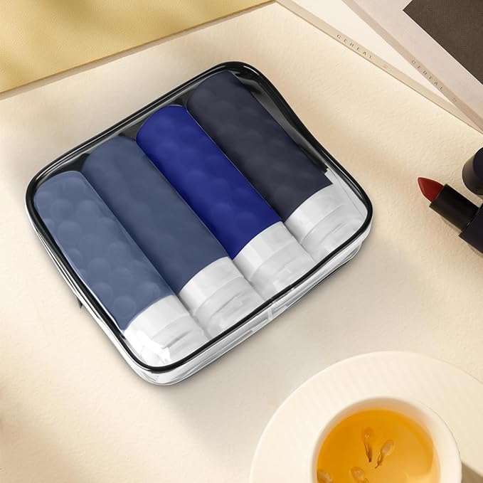 Silevoler Travel Bottles for Toiletries, 4pcs Tsa Approved 3oz Travel Size Containers, BPA Free Leak Proof Premium Silicone Bottles, Refillable Liquid Squeezable Accessories W/Toiletry Bag (Blue)