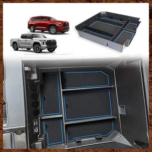 Muslogy Center Console Organizer Compatible with 2022-2025 2026 Toyota Tundra Accessories & 2023-2026 Sequoia Console Storage Box Divider Insert Tray ABS Material with Non-Slip Mats(Rubber Blue)