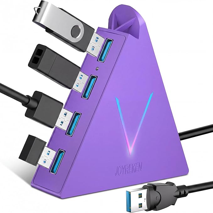 4-Port USB 3.0 Hub, FlyingVHUB USB Hub Tower with 2 ft Extended Cable,USB Splitter for Laptop,PC,PS4,PS5,Xbox,Mouse,Keyboard, Flash Drive,U-Disk (Dark Purple)