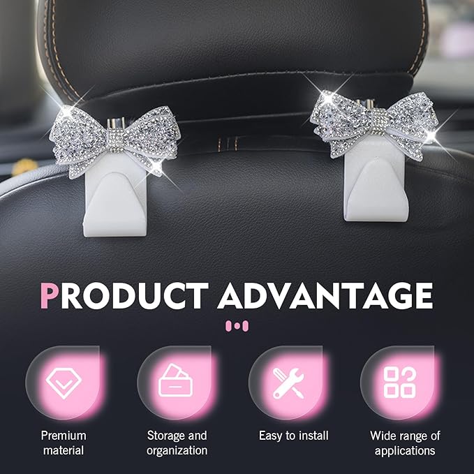 2 PCS Bling Bow Car Headrest Hook, Diamond Sparkling Invisible Seat Headrest Hooks, Vehicle Storage Organizer with Butterfly Bow Vent Clip for Purses, Bags, Groceries (White)