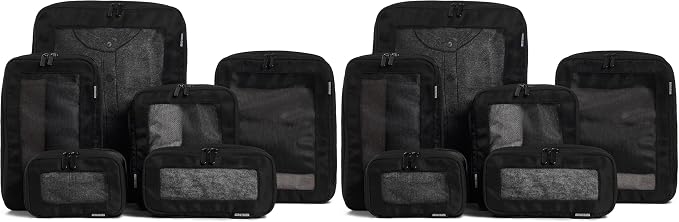 Aerotrunk Compression Packing Cubes for Travel - Luggage Organizer Bags - Double Zipper Packing Cubes for Suitcases (12-Pack, Black)
