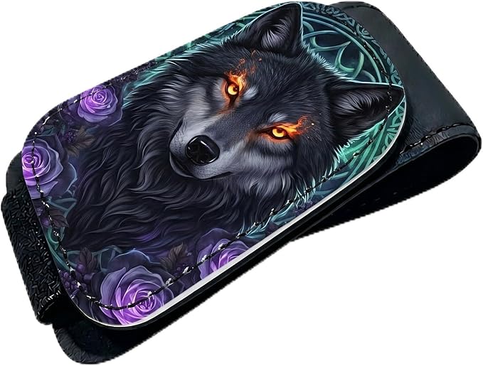 Rose Wolf Car Sunglasses Holder Magnetic Leather Glasses Clip for Car Sun Visor Floral Wolf Cars Accessories Eyeglass Hanger Organizer Universal Visor Clip for Women and Men Gifts Decor