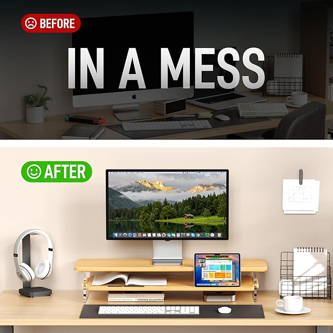 AFOOYO Bamboo Dual Monitor Stand Riser,31.5In 2 Tier Desk Organizer, Adjustable Arylic Feet Computer Monitor Stand, Desk Shelf for Office