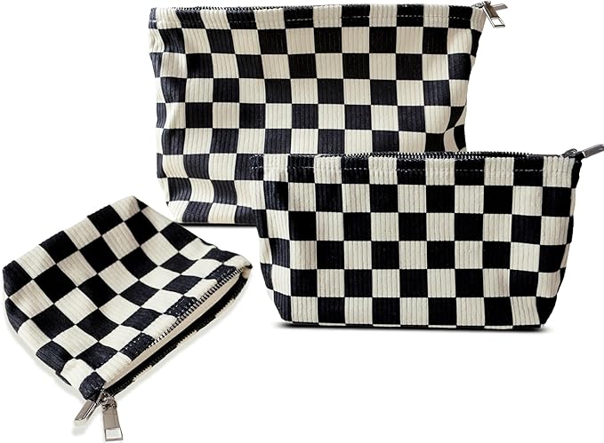 HAPPYHEIDI Checkered Corduroy Makeup Bag Set 3 Women Cosmetic Toiletry Travel Pouch Purse Accessory Organizer, 3-Size, Vintage Black White