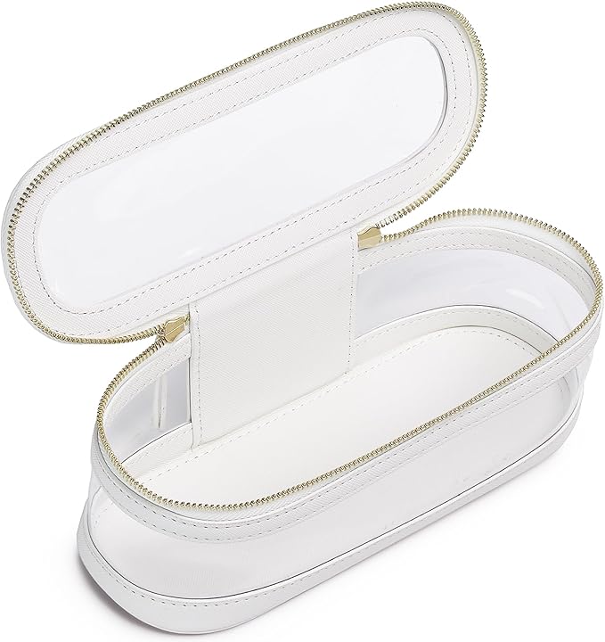 Pinkmik Makeup Brush Case Clear Travel Cosmetic & Toiletry Bag Slim Makeup Bag with Zipper Small Purse Organizer Car Essential Bag for Women (White, SLIM L)