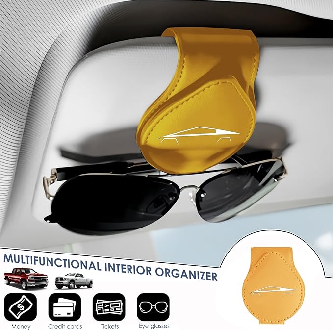 Car Sunglass Holder Compatible with Tesla Cybertruck 2025 2024 Cyberbeast Interior Accessories Organizer Leather Eyeglass Hanger Visor Ticket Card Clip Magnetic Cyber Truck Sunglasses Holders (Yellow)