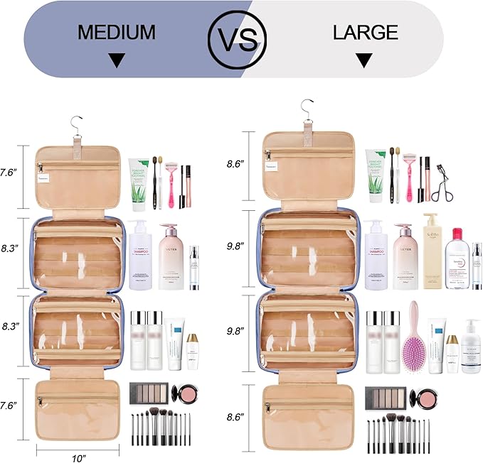 COOSKY Travel Hanging Toiletry Bag for Women, Cruise Ship Essentials, with Jewelry Organizer, Extra Large Makeup Dopp Kit, Waterproof Cosmetic Bags, Toiletries Kit Set with Trolley Belt, Blue