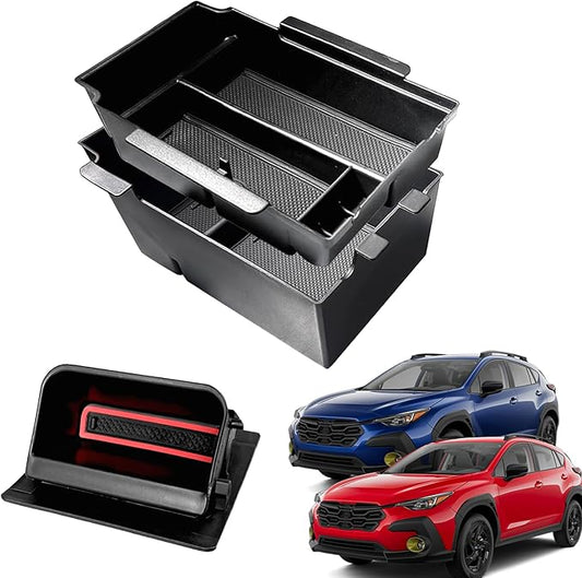 2Pack 2025 Crosstrek Center Console Organizer & Fuse Box Coin Container Storage Tray for 2024 2025 2026 Subaru Crosstrek Hybrid Armrest Storage Box Crosstrek 2025 Accessories Storage Box Double Layer