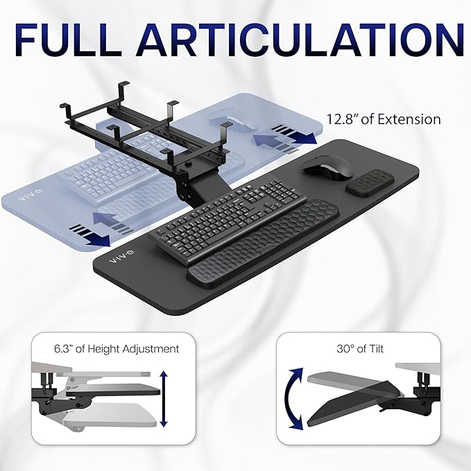 VIVO Premium Adjustable 34 x 11 inch Computer Keyboard and Mouse Platform Tray, Ergonomic Under Table Desk Mount Drawer with Padding, Black, MOUNT-KB34P-B