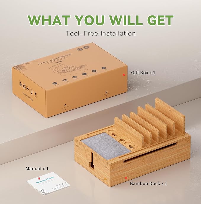 Pezin & Hulin Bamboo Charging Station, Electronic Devices Organizer for Multiple Devices Charger Such As Cell Phone, Tablet, Watch and More, Natural, (No USB Charger and Cables)